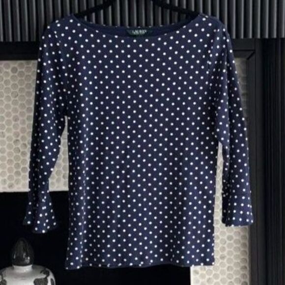 Lauren Ralph Lauren Tops - Lauren Ralph Lauren Polka Dot Knit Top Boatneck Ruffle 3/4 Sleeve Fall Navy L